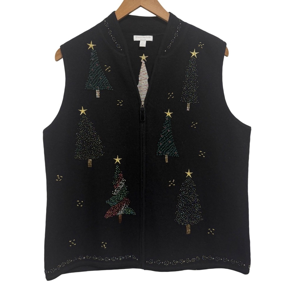 Charter Club Women's Petite Large‎ Black Christmas Tree Beaded Zip Up Vest Wool